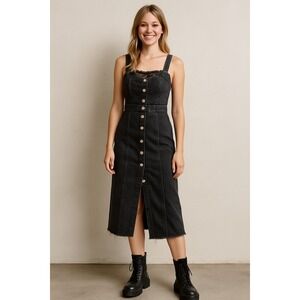 River Island Black Denim Button Front Midi Pinafore Dress UK 8 US 4 Grunge Y2K